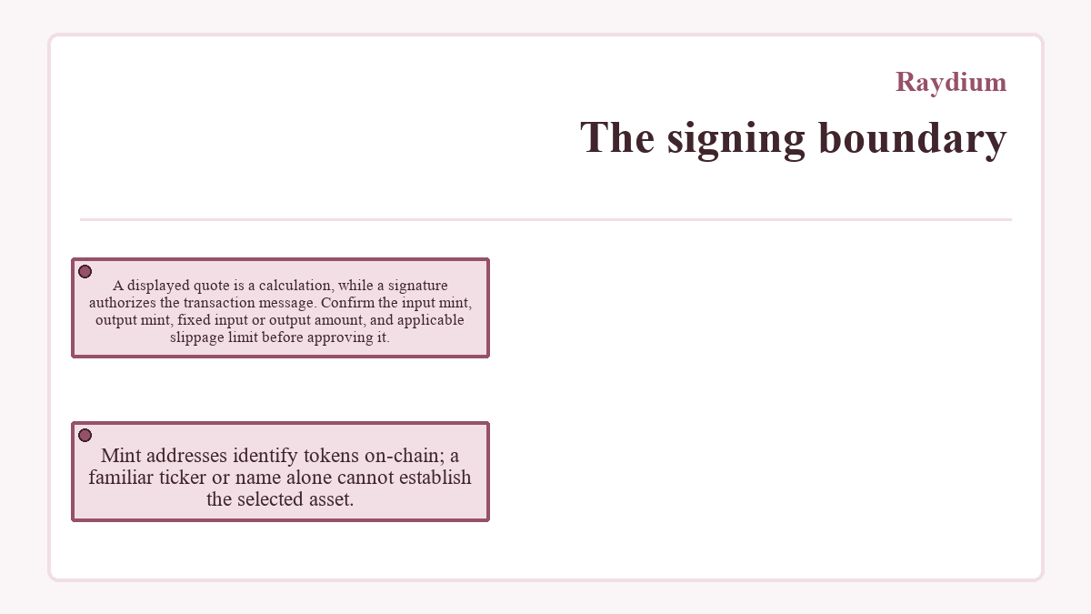 The signing boundary: A displayed quote is a calculation, while a signature authorizes the transaction message. Confirm the input mint, output mint, fixed input or output amount, and applicable slippage limit before approving it.; Mint addresses identify tokens on-chain; a familiar ticker or name alone cannot establish the selected asset.